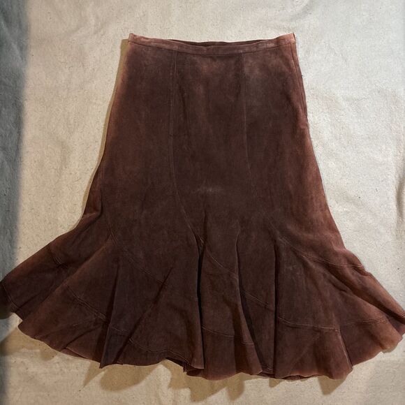 Vintage Y2K Live a Little Chocolate‎ Brown Genuine Real Suede Leather Skirt 10 - Picture 1 of 7
